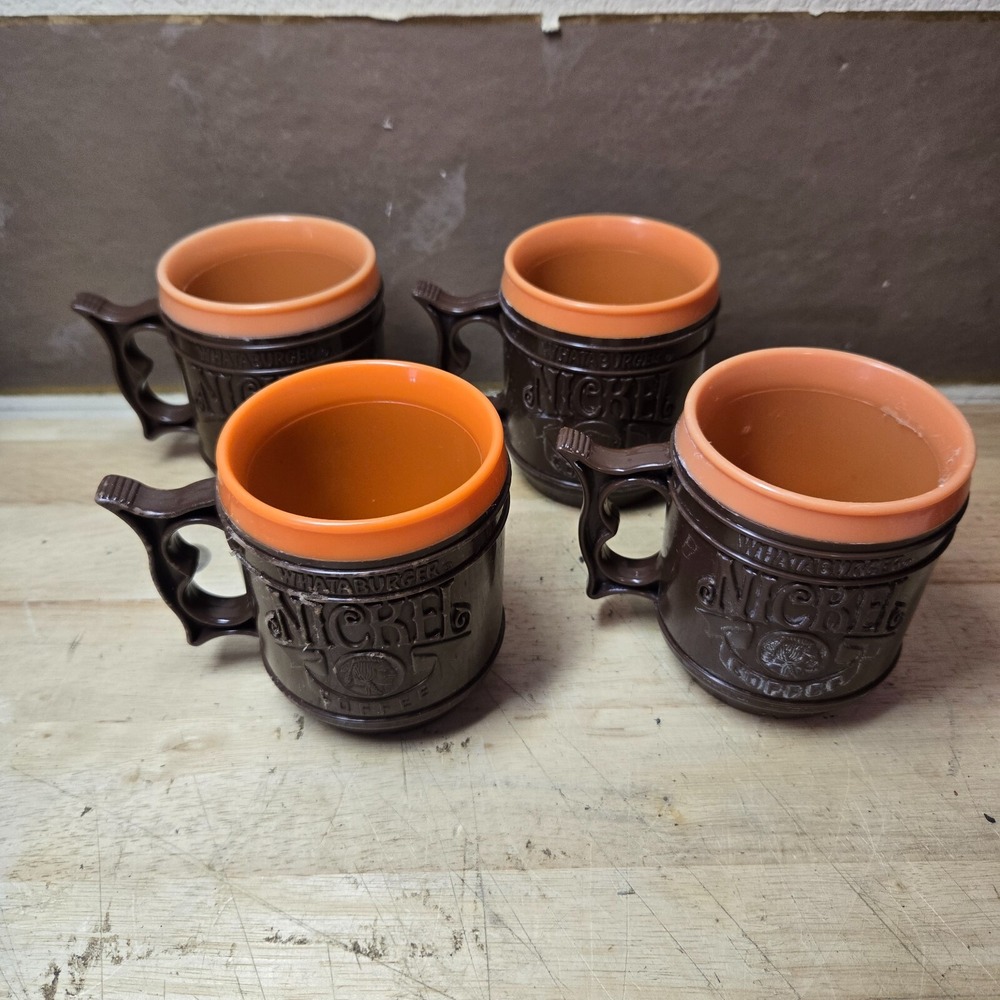 4 X Whataburger Nickel Coffee Mug, Brown & Orange Plastic Travel Cup  No Lids